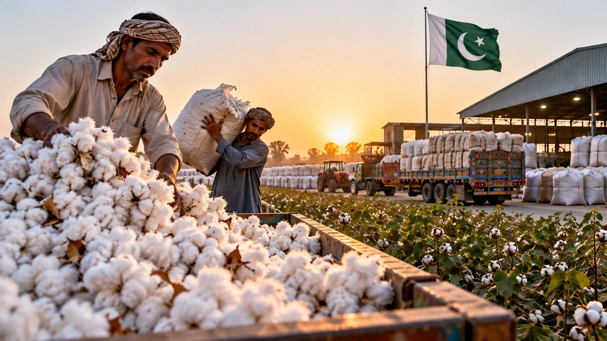 AI-generated Pakistan Report editorial illustration showing cotton arriving for handling and ginning in Pakistan.