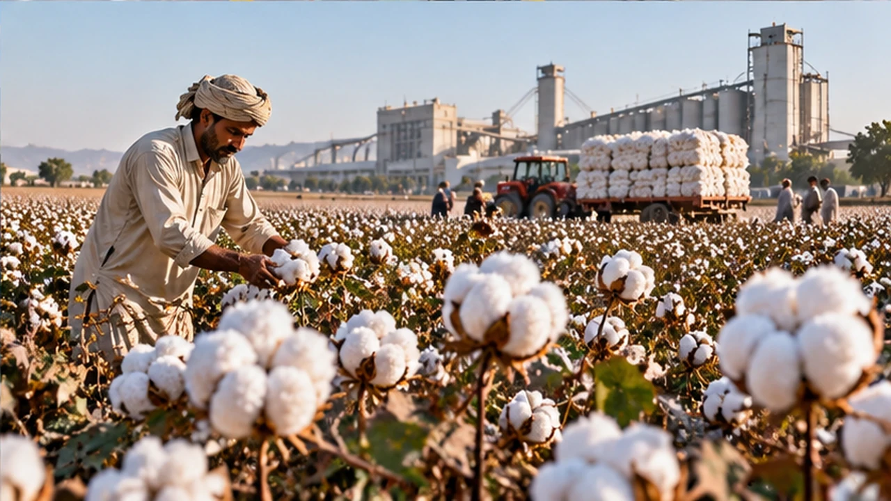 Pakistan Report illustration of a farmer harvesting cotton in a field near ginning facilities