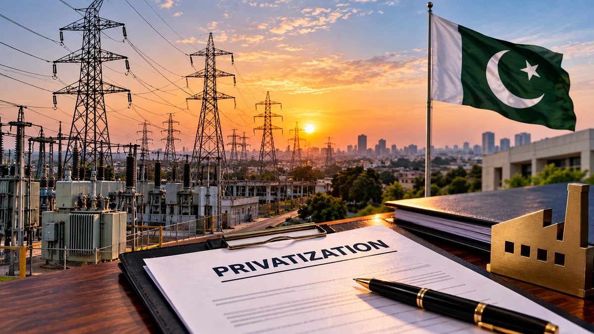 AI-generated Pakistan Report editorial illustration of Pakistan electricity infrastructure and a generic privatisation document.