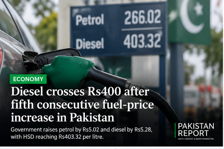 Editorial illustration of fuel pumps and rising petroleum prices in Pakistan