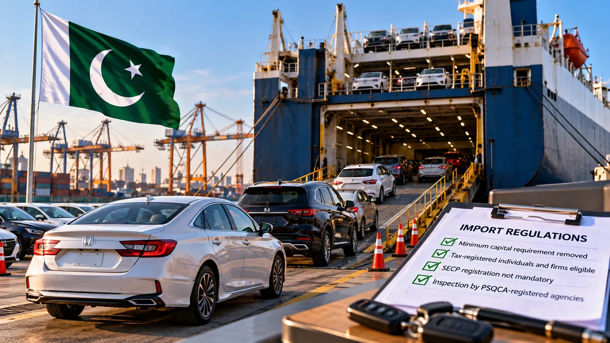 AI-generated Pakistan Report editorial illustration of used-car imports at a Pakistani port.