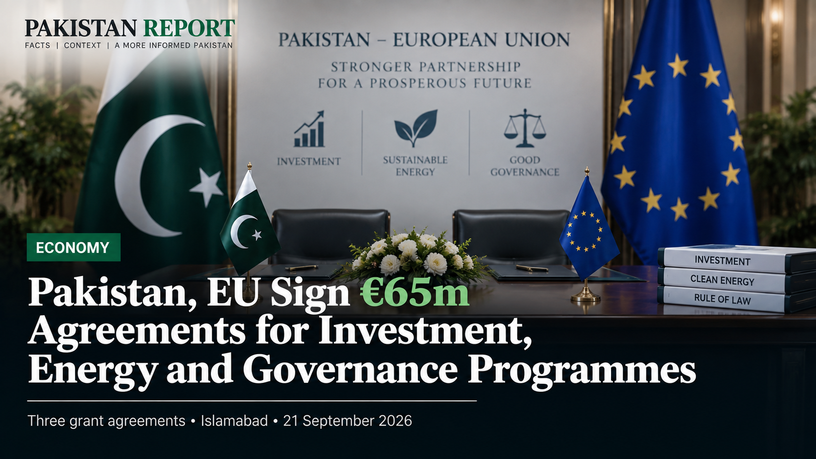 Pakistan Report editorial graphic representing Pakistan and European Union financing agreements worth €65 million