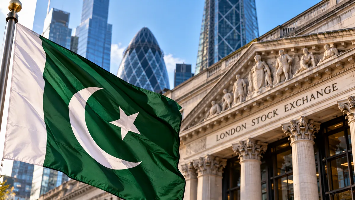 AI-generated Pakistan Report editorial illustration of Pakistan's flag and London's financial district representing Pakistan's Eurobond listing.