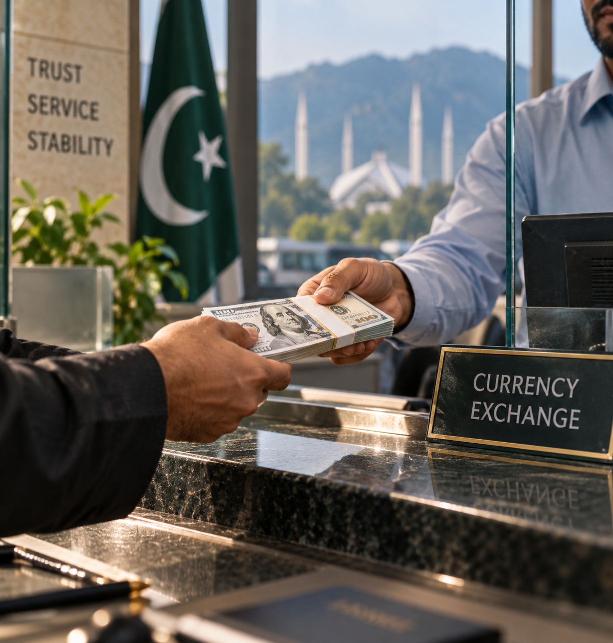 Pakistan Report illustration representing US dollar sales by exchange companies to Pakistan's banking system.