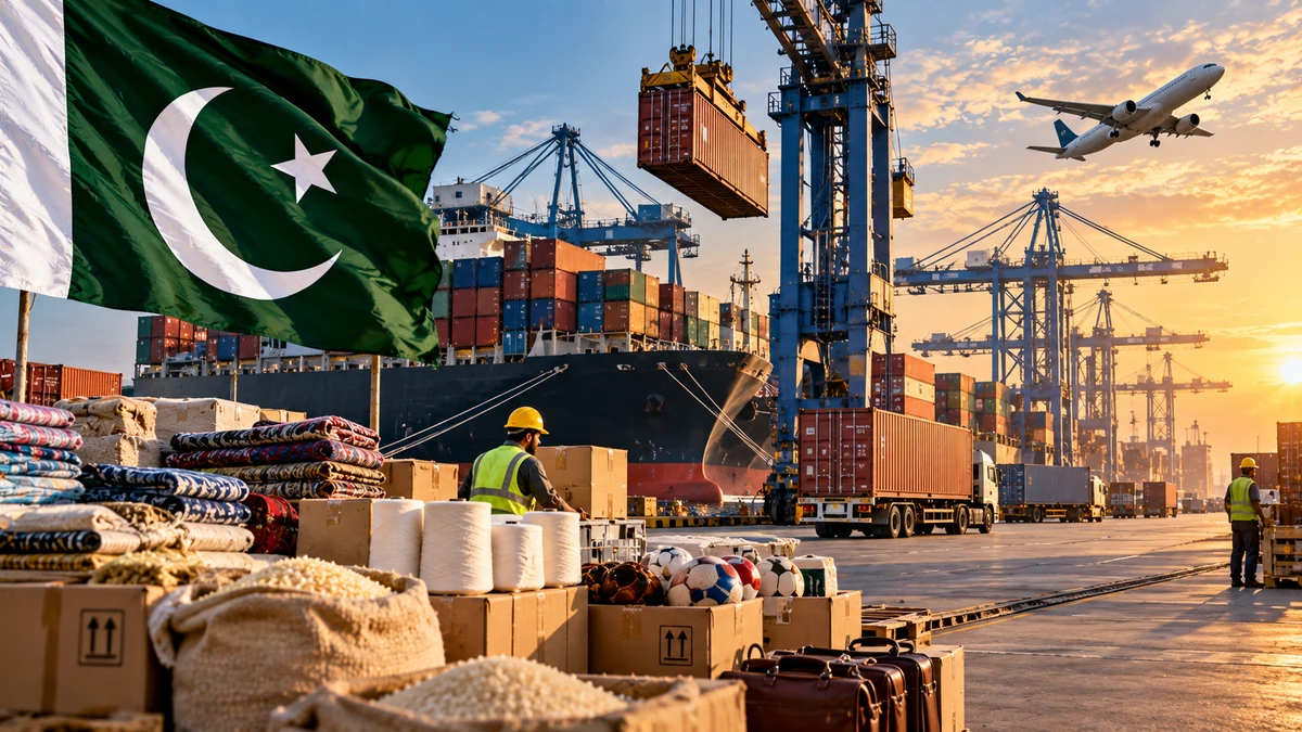 AI-generated Pakistan Report editorial illustration of containers, a cargo ship and Pakistani export goods representing export-led growth and international trade.