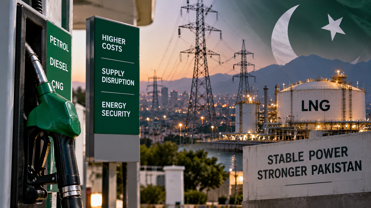 Editorial illustration of Pakistan's fuel, LNG and electricity system under supply and cost pressure