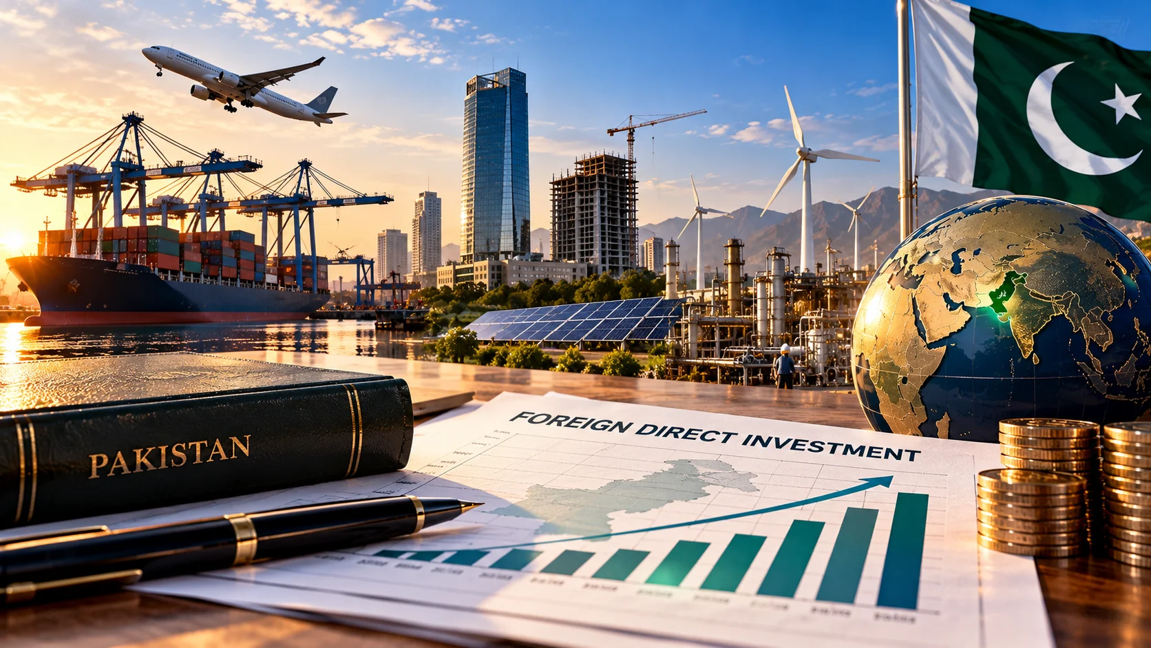 Editorial illustration about pakistan’s foreign investment rises to $720 million, but growth remains uneven.