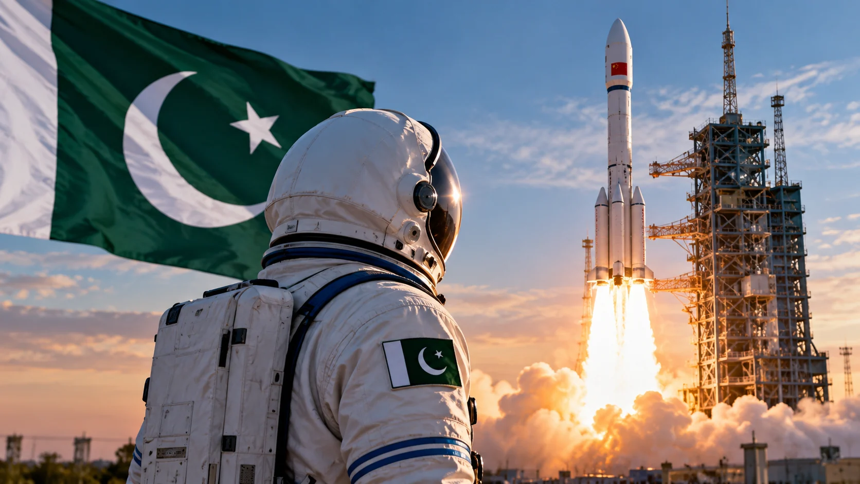 Illustration of an astronaut wearing a Pakistan flag patch watching a rocket launch; not a photograph of the planned mission.