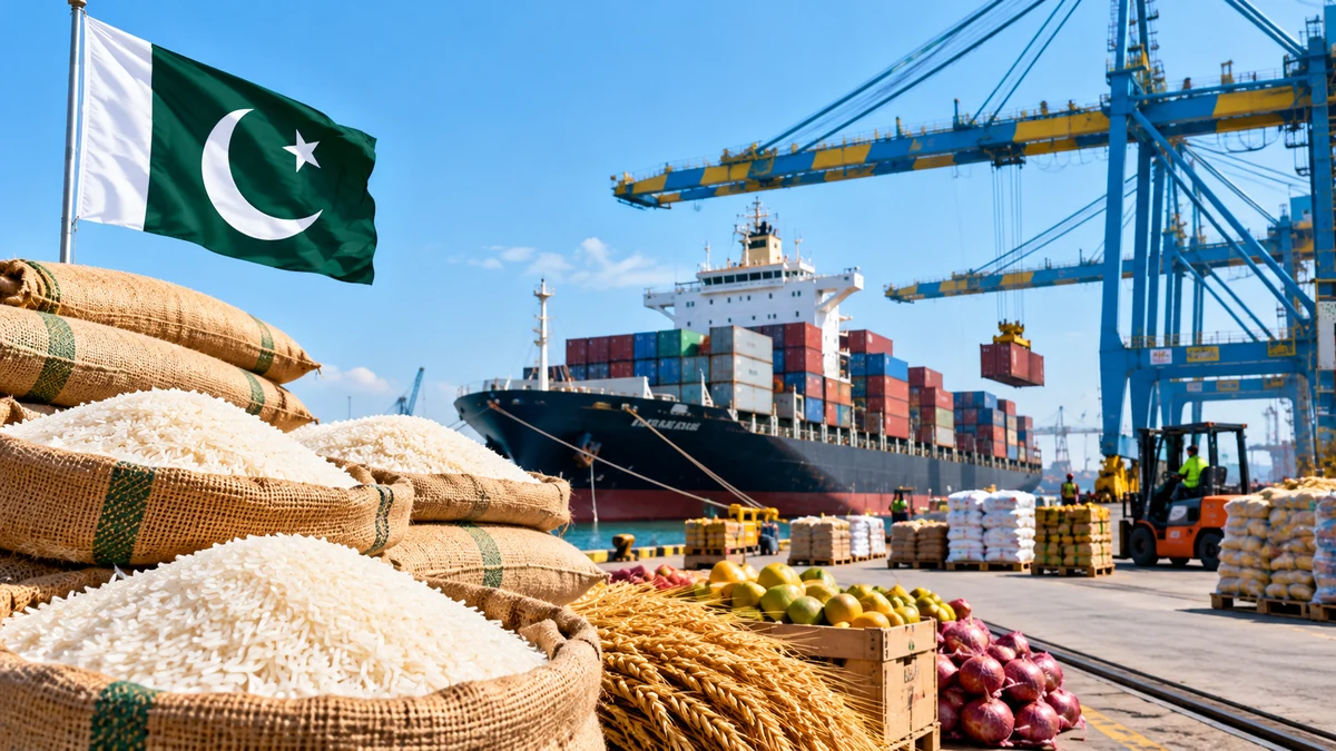Illustration of Pakistani agricultural exports, rice sacks and a container ship at port.