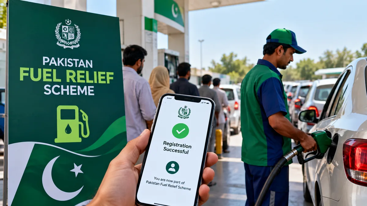 AI-generated Pakistan Report editorial illustration of motorists at a fuel station representing registrations under Pakistan's special fuel relief scheme.