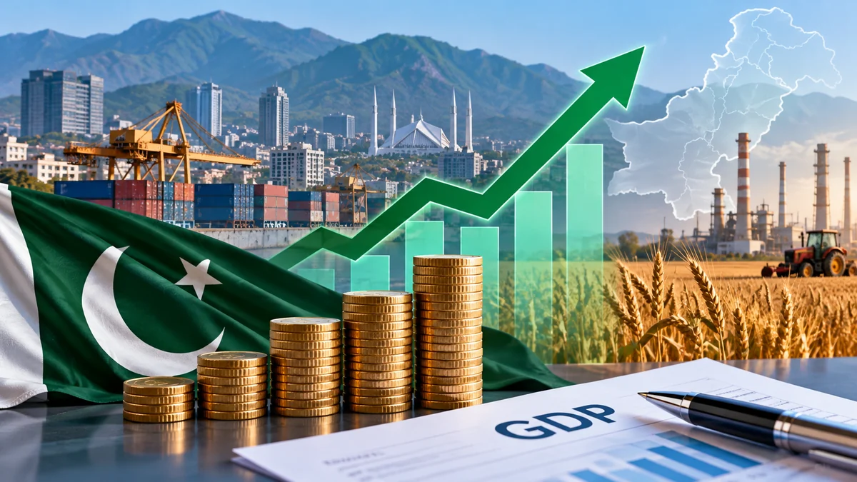 Pakistan economy illustration showing agriculture, industry, shipping containers, coins and an upward chart.