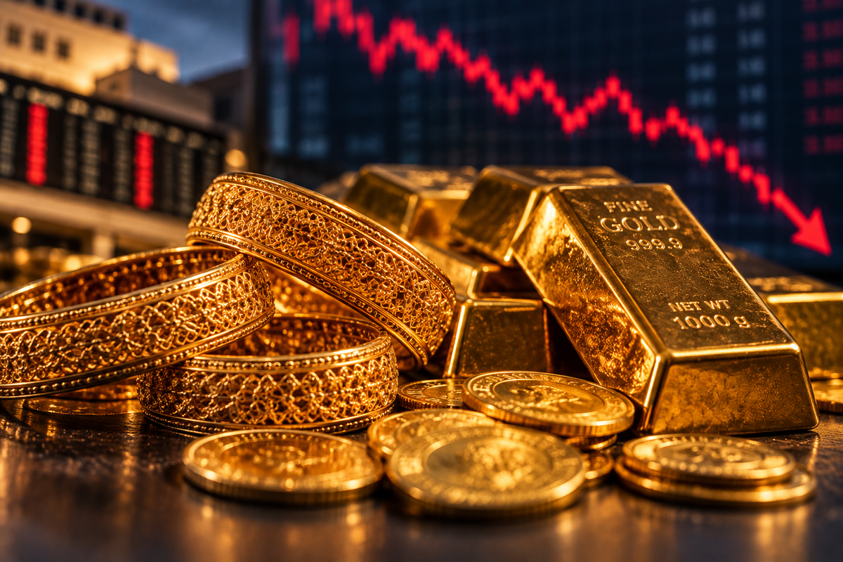 AI-generated Pakistan Report editorial illustration of gold bars and jewellery with a falling market chart.