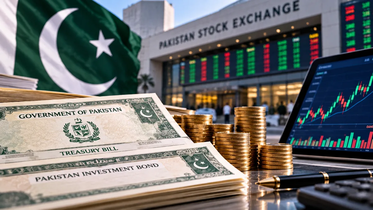 AI-generated Pakistan Report editorial illustration representing government bonds, Treasury bills and stock-market trading in Pakistan.