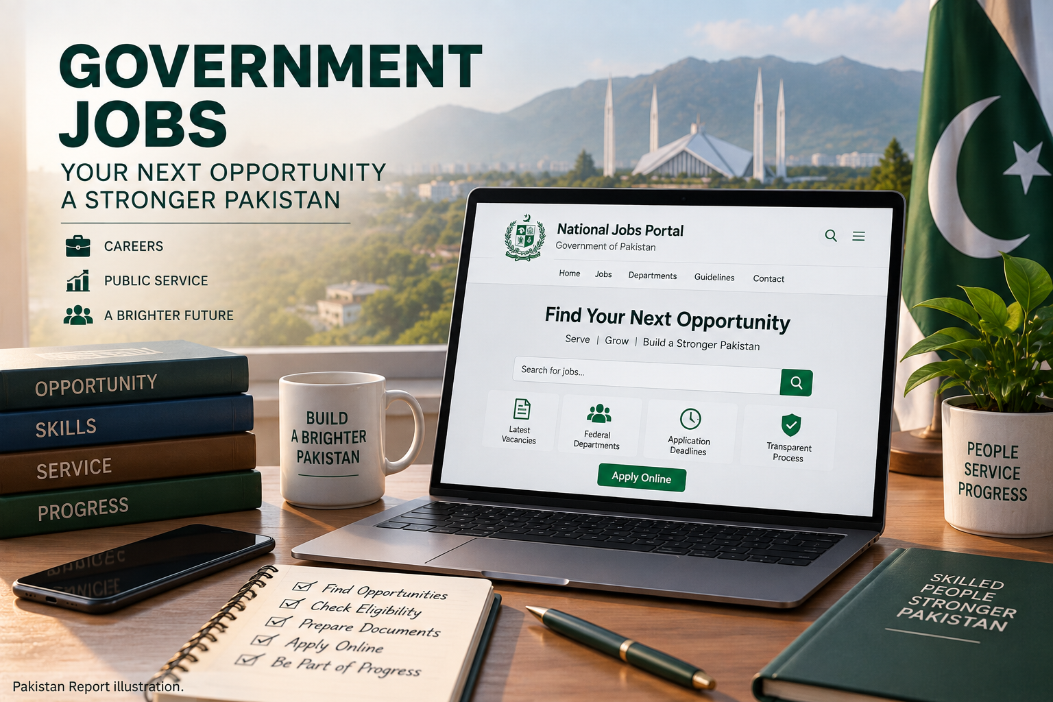 Pakistan Report illustration representing federal government job opportunities and online applications in Pakistan.