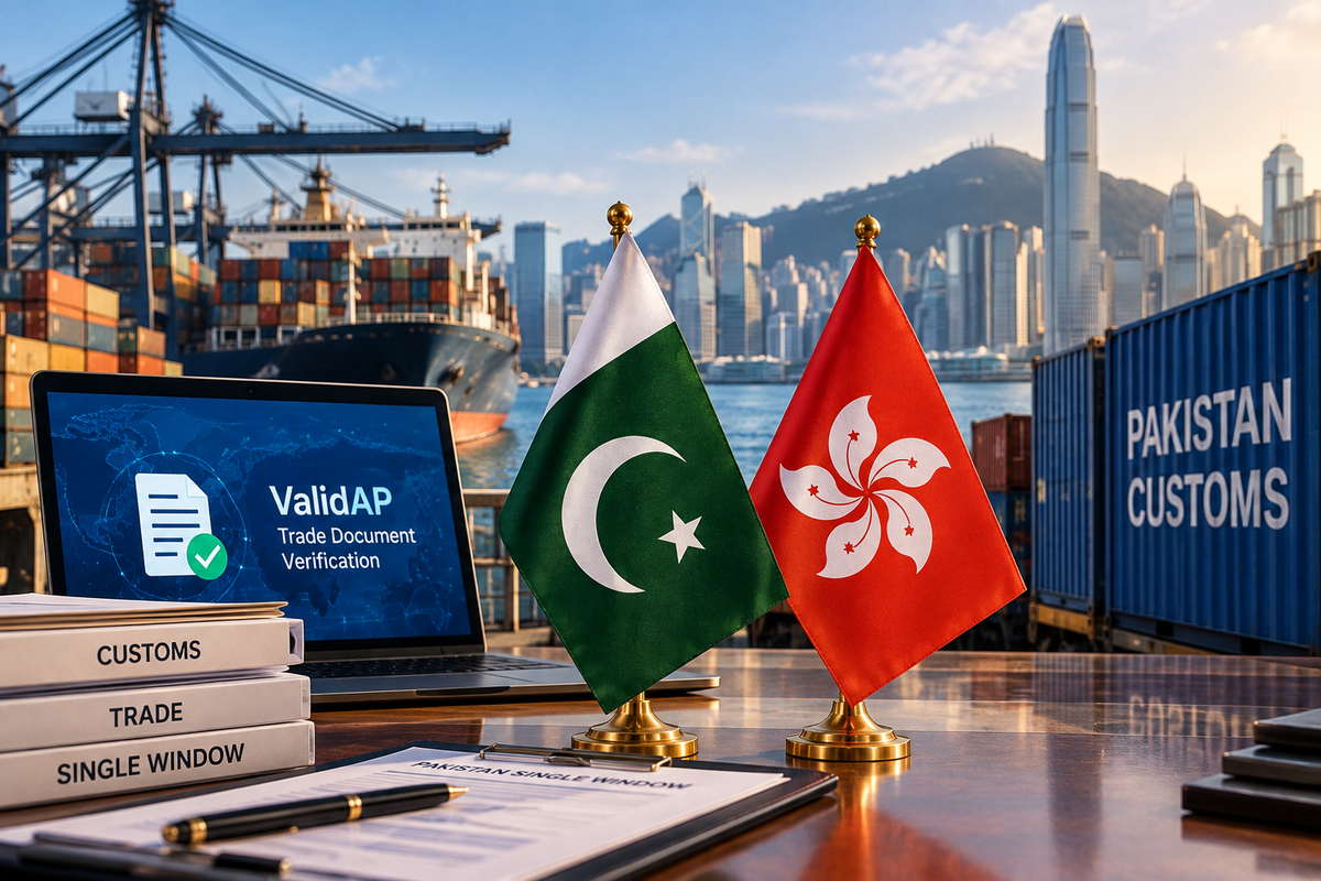 AI-generated Pakistan Report editorial illustration representing Pakistan-Hong Kong digital trade document verification through ValidAP.