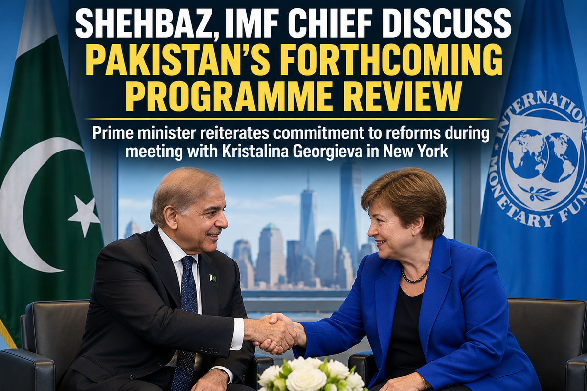 AI-generated editorial representation of Pakistan-IMF talks, with Shehbaz Sharif and Kristalina Georgieva shown as illustrative figures.