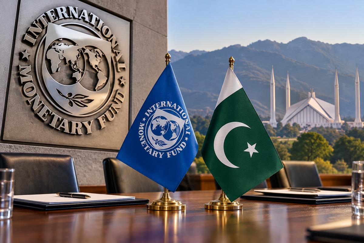 AI-generated Pakistan Report editorial illustration representing Pakistan-IMF programme review talks in Islamabad.