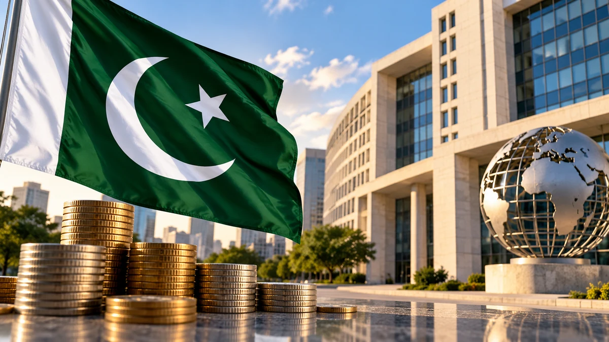 AI-generated editorial illustration of Pakistan’s flag, coin stacks and a modern financial institution, representing the IMF staff-level agreement.