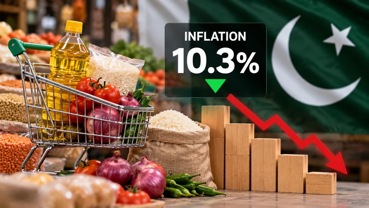 AI-generated Pakistan Report editorial illustration of groceries and a downward inflation graphic showing Pakistan’s 10.3% September 2026 CPI inflation rate.