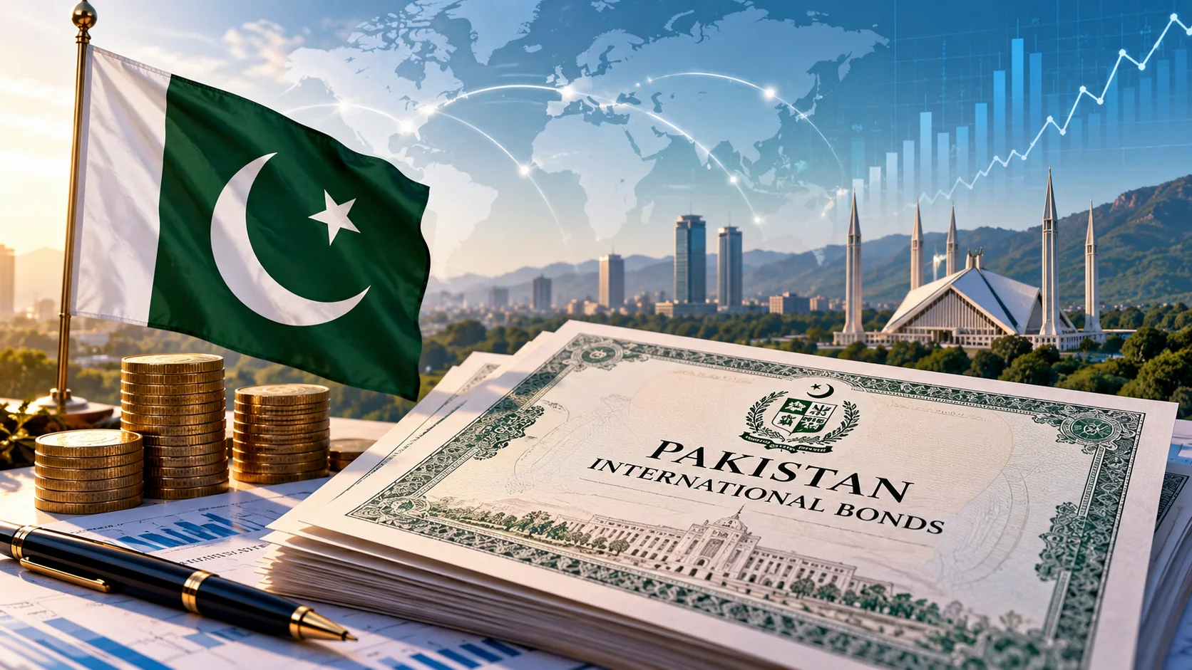 Illustration of Pakistan's flag alongside symbolic Panda bond, Sukuk and international bond certificates, representing proposed financing plans.