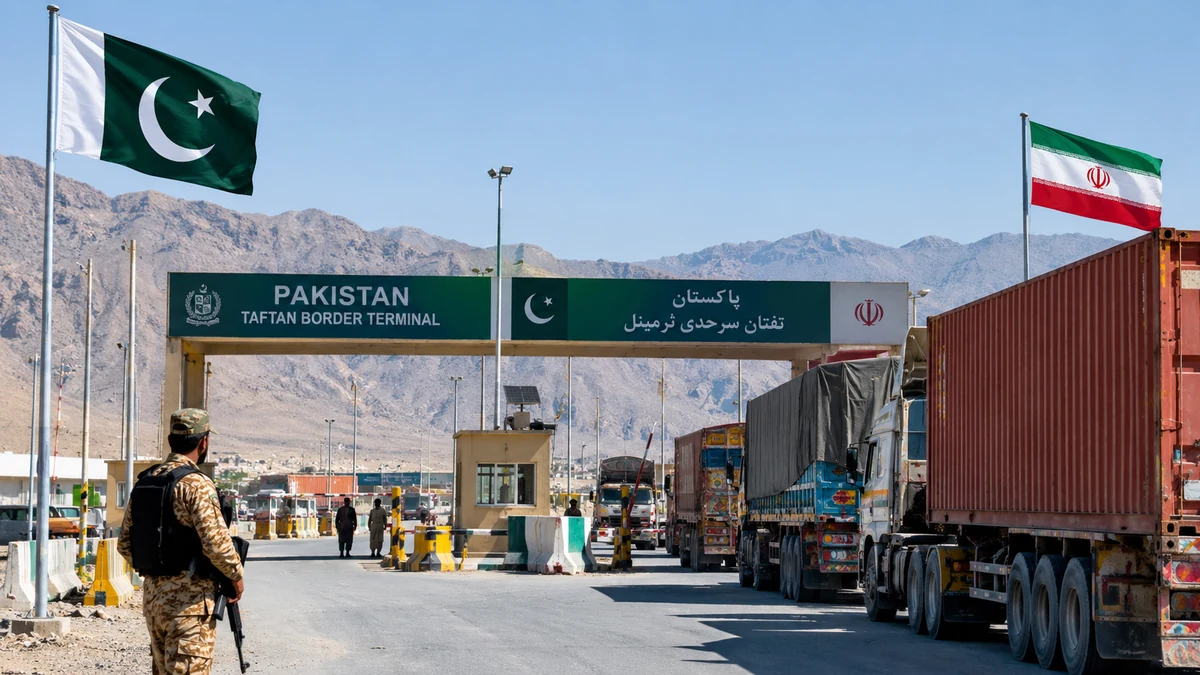 Cargo trucks queue at an illustrated Pakistan-Iran border checkpoint.