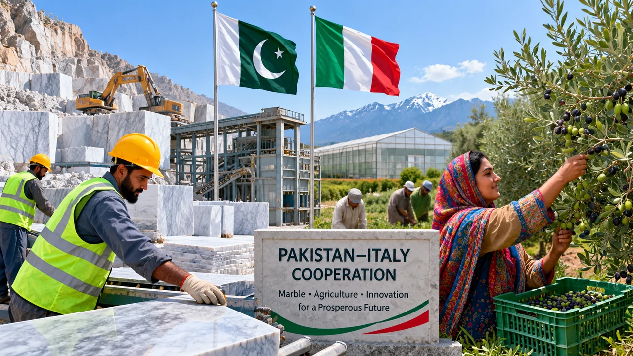 Pakistan Report illustration representing pakistan italy marble olive technology centres; not an event photograph.