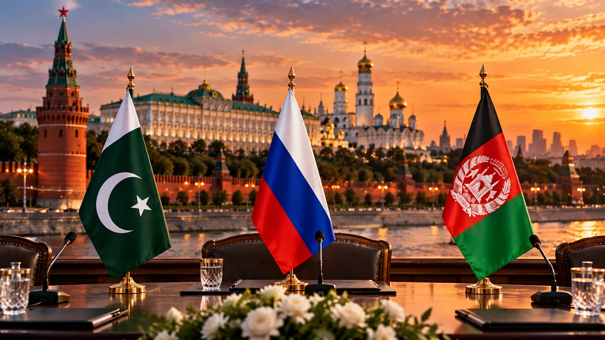 AI-generated Pakistan Report editorial illustration showing Pakistan, Russia and Afghanistan flags at a diplomatic table with Moscow in the background.