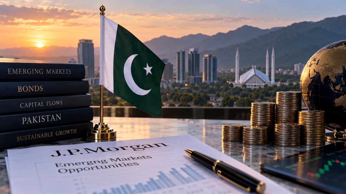 Pakistan flag, emerging-market bond materials and financial imagery representing frontier-market debt