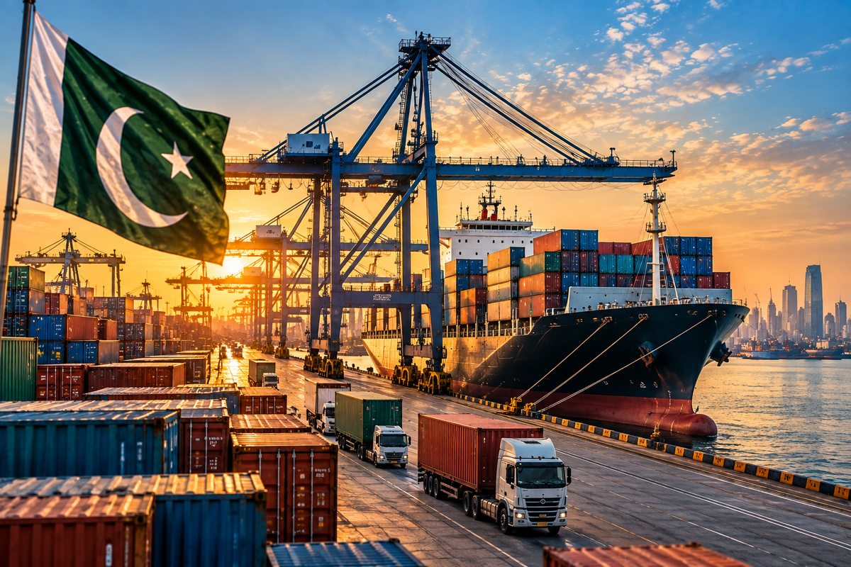 AI-generated Pakistan Report editorial illustration of a Pakistani container port representing merchandise trade.