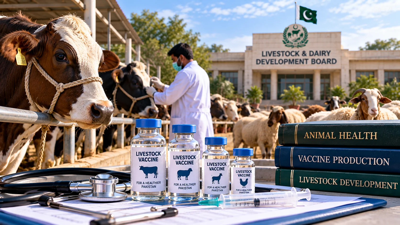 Editorial illustration about pakistan plans livestock vaccine plant as government orders dairy board overhaul.