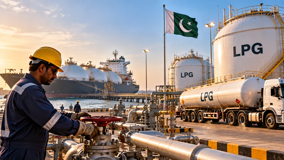 AI-generated Pakistan Report editorial illustration showing LPG import and storage infrastructure in Pakistan.