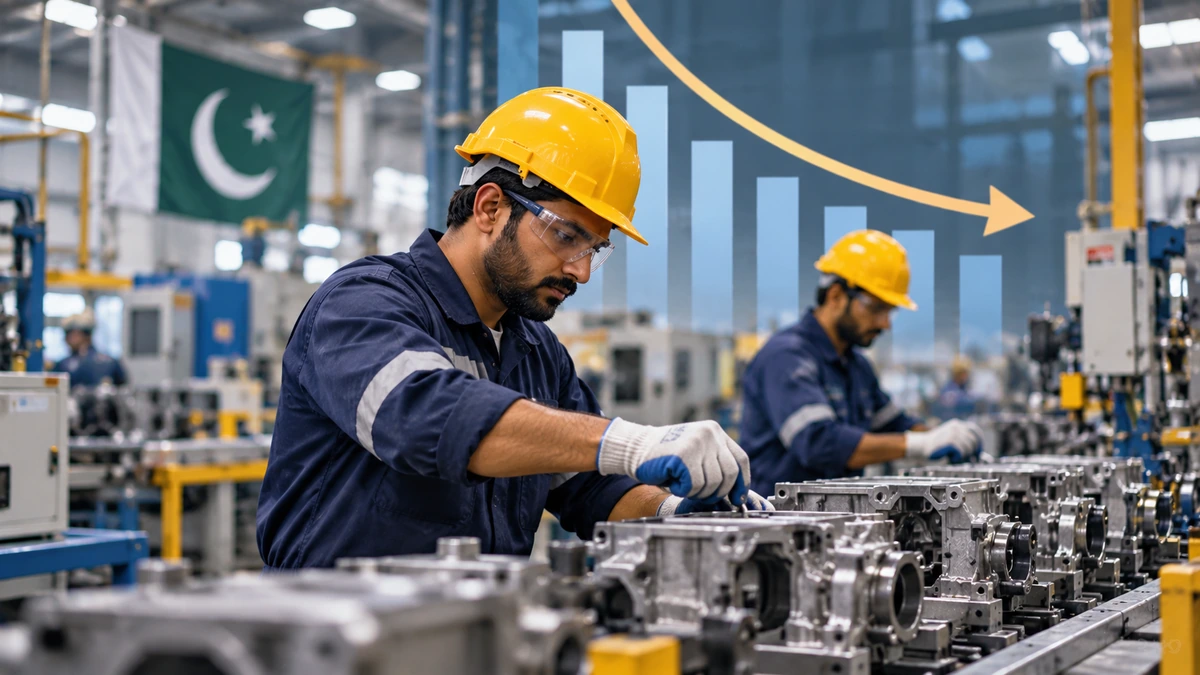 AI-generated Pakistan Report editorial illustration representing slower manufacturing growth in Pakistan.