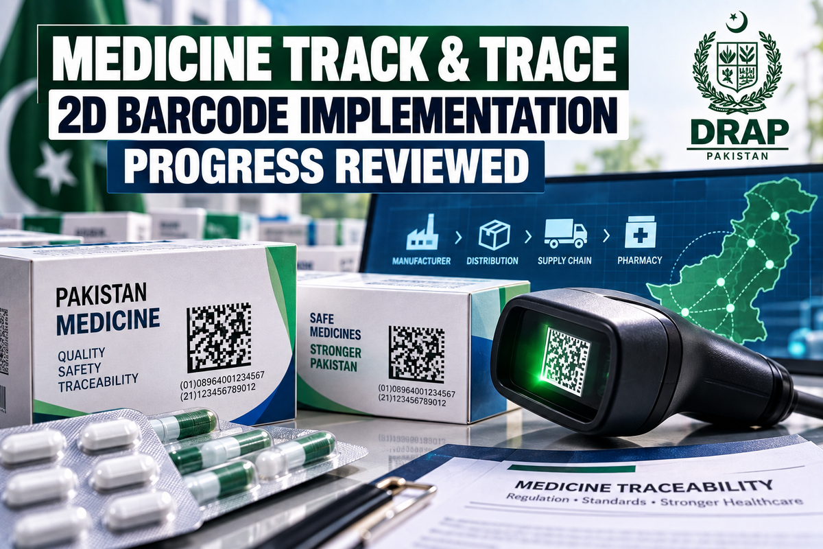 AI-generated Pakistan Report editorial illustration representing medicine 2D barcode and track-and-trace implementation in Pakistan.