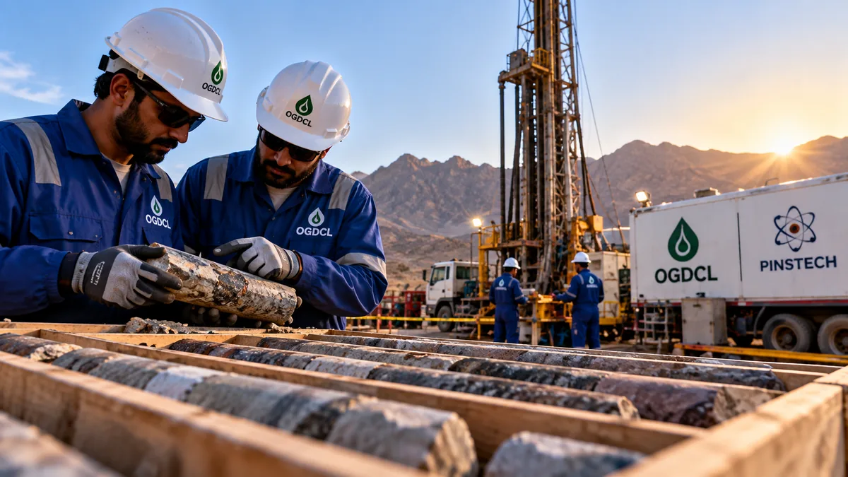 AI-generated Pakistan Report editorial illustration representing OGDCL and PINSTECH testing well samples for lithium and critical minerals.