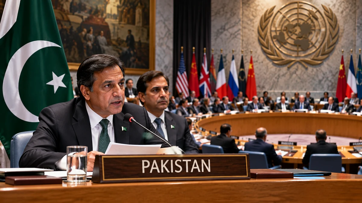AI-generated Pakistan Report editorial illustration of a Pakistani delegation in a UN Security Council-style chamber.