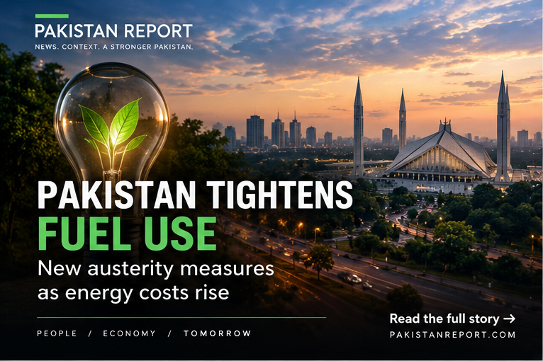 Pakistan Report illustration about government fuel conservation and austerity measures in Pakistan.
