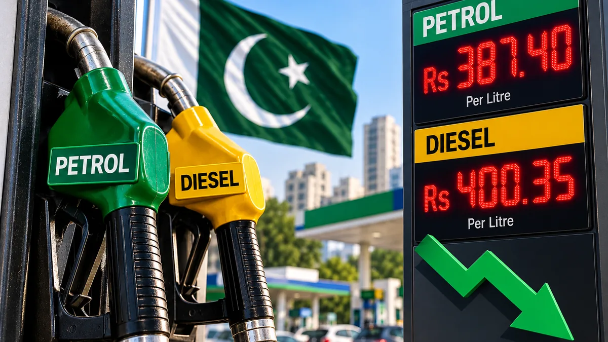 AI-generated Pakistan Report editorial illustration of petrol and diesel pumps displaying the October 2026 prices with a downward arrow representing the reductions.