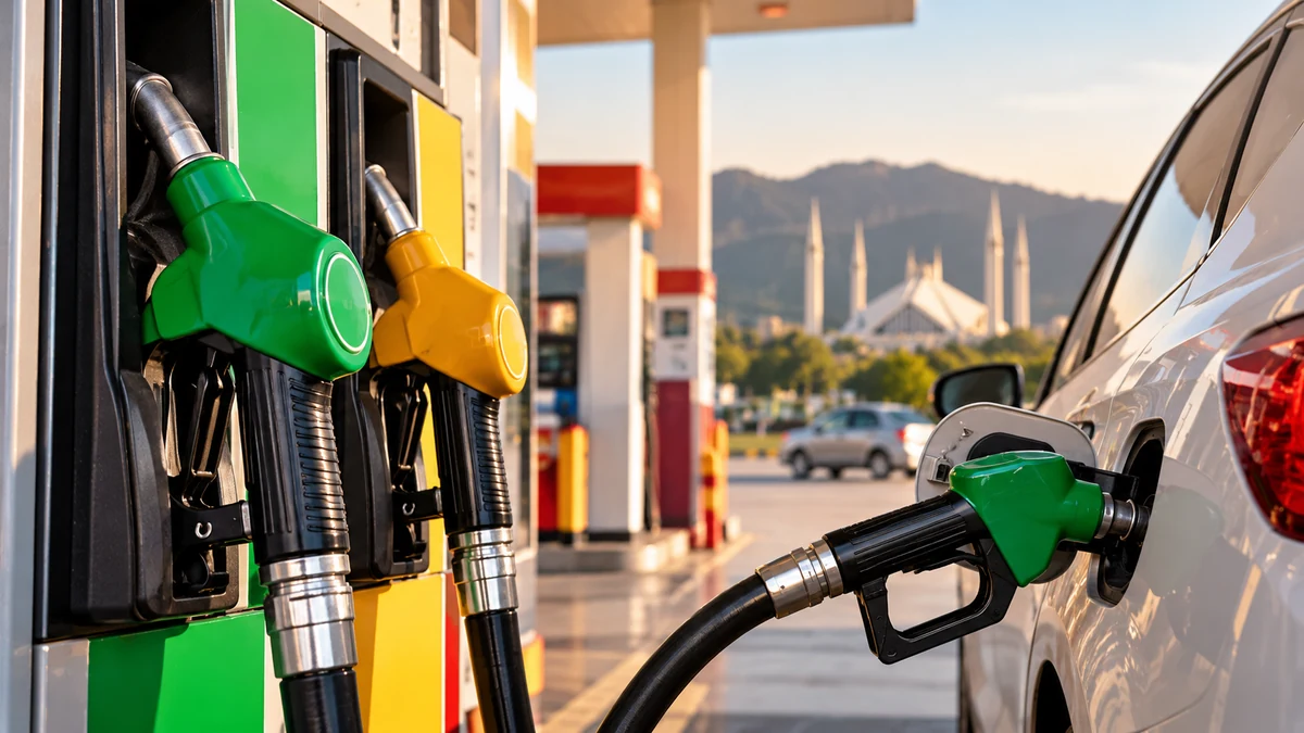 AI-generated editorial illustration of a vehicle being refuelled at a petrol station in Pakistan.