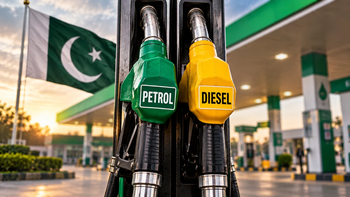 AI-generated Pakistan Report editorial illustration showing petrol and diesel fuel nozzles at a Pakistani filling station.