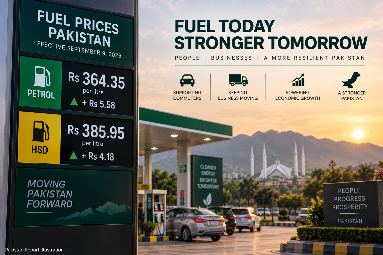 Pakistan Report illustration showing Pakistan's petrol price of Rs364.35 per litre and high-speed diesel price of Rs385.95 on September 9, 2026.