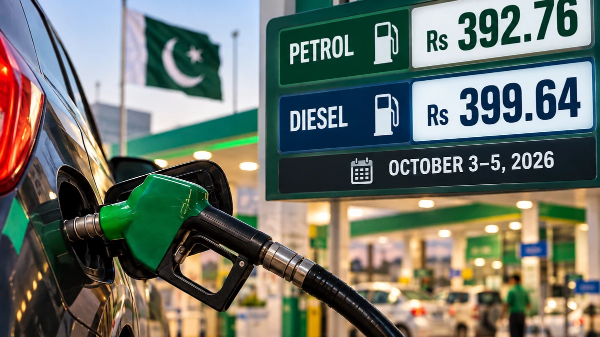 AI-generated Pakistan Report editorial illustration showing revised petrol and diesel prices at a Pakistani filling station.