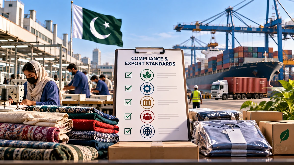 AI-generated Pakistan Report editorial illustration of manufacturing, export logistics and compliance standards in Pakistan.