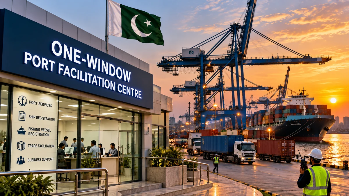 AI-generated Pakistan Report editorial illustration of a proposed one-window port facilitation centre and port operations in Karachi.