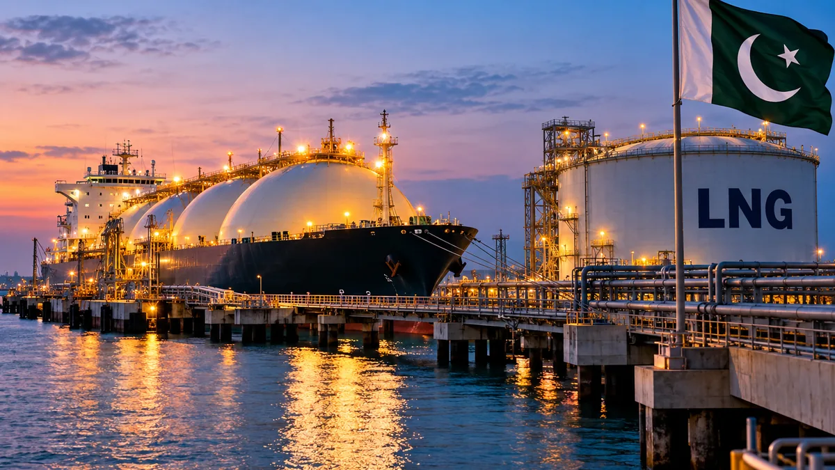 AI-generated Pakistan Report editorial illustration of an LNG carrier and terminal representing Pakistan's proposed expansion of private LNG imports.