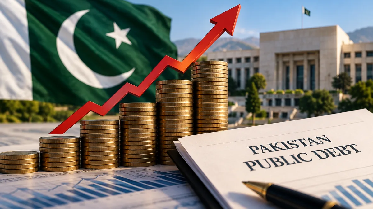 AI-generated Pakistan Report editorial illustration of rising coin stacks, financial papers and a Pakistan flag representing the increase in public debt.