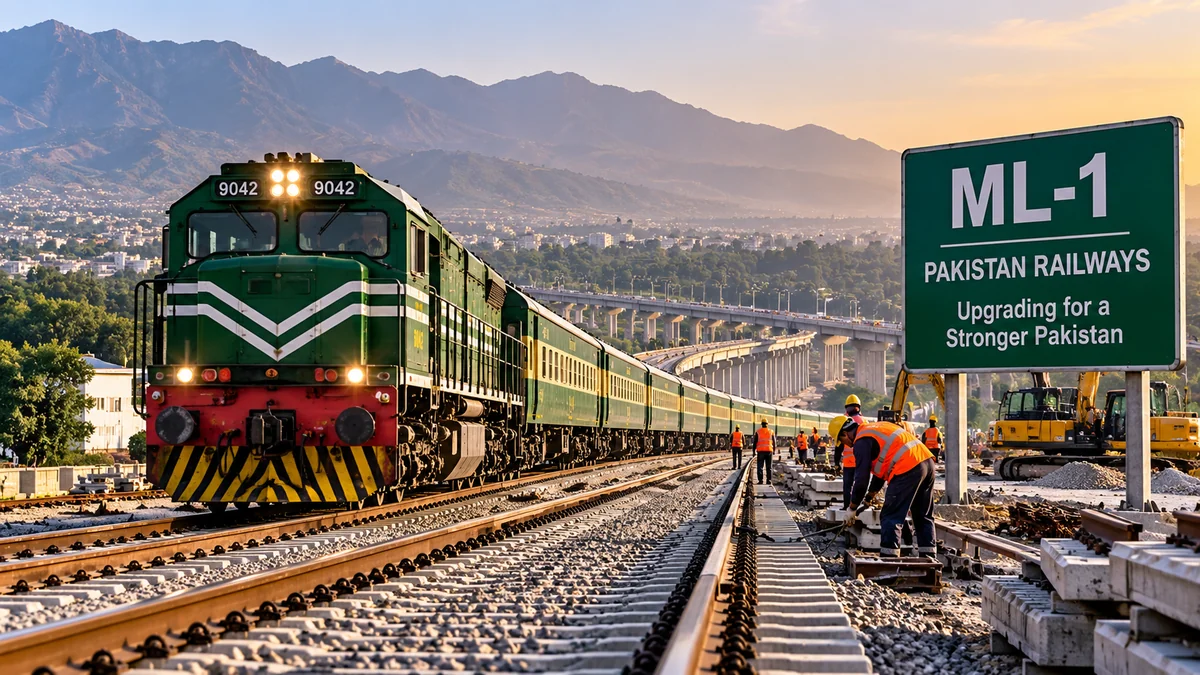 An AI-generated illustration of a Pakistan Railways train and railway construction, representing the ML-1 upgrade.