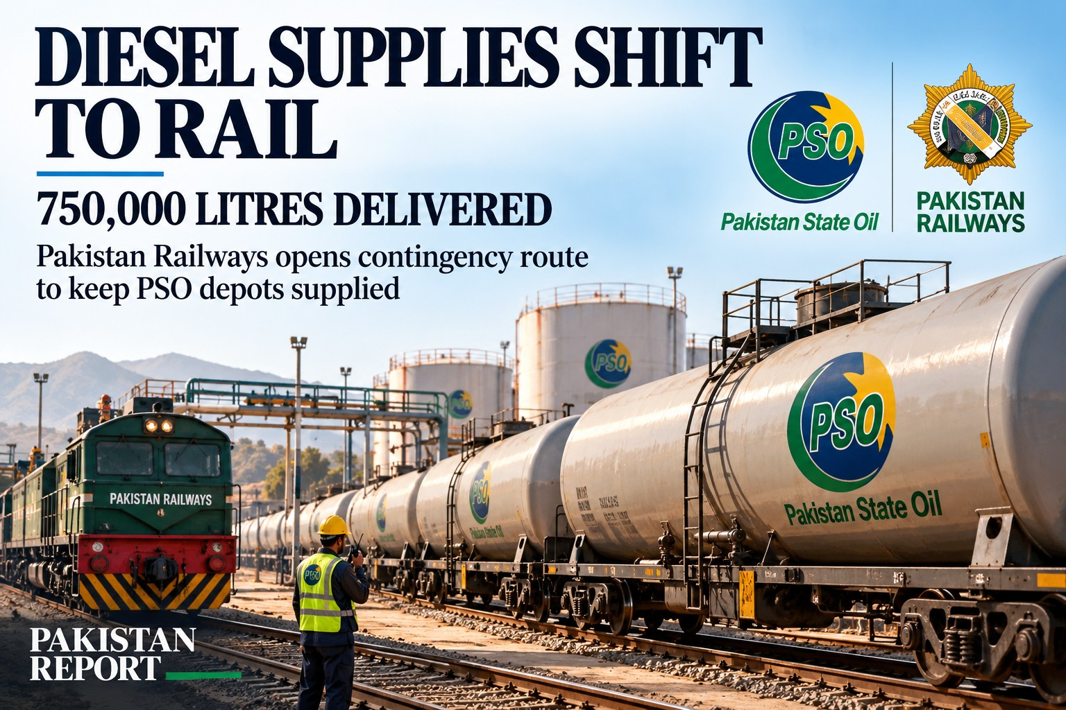 AI-generated Pakistan Report editorial illustration of Pakistan Railways transporting diesel for PSO by freight train.