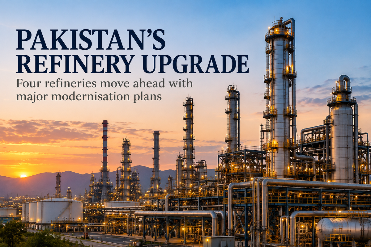 AI-generated Pakistan Report editorial illustration of refinery infrastructure accompanying coverage of refinery upgrade agreements.