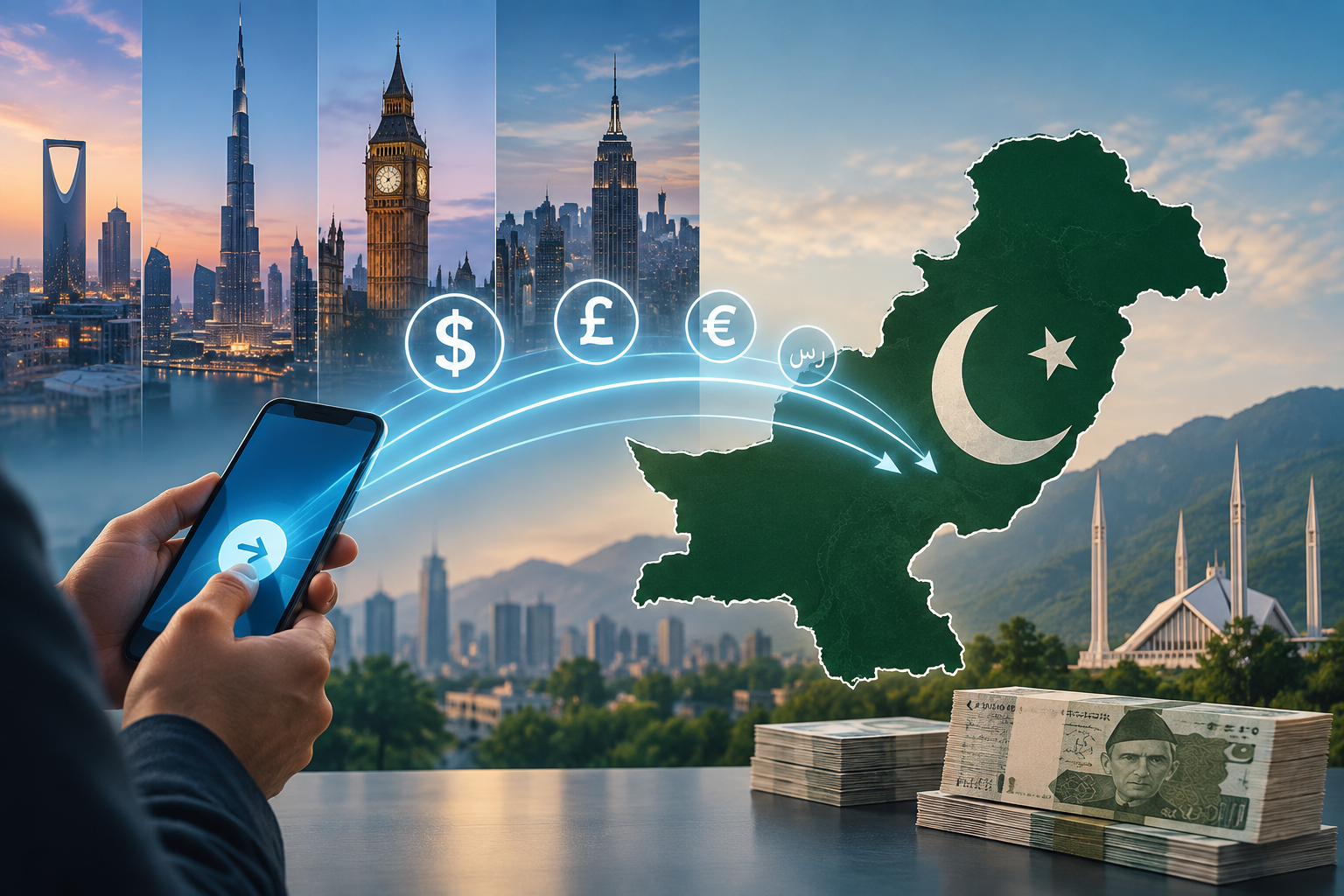 Pakistan Report illustration representing overseas workers' remittances flowing into Pakistan.