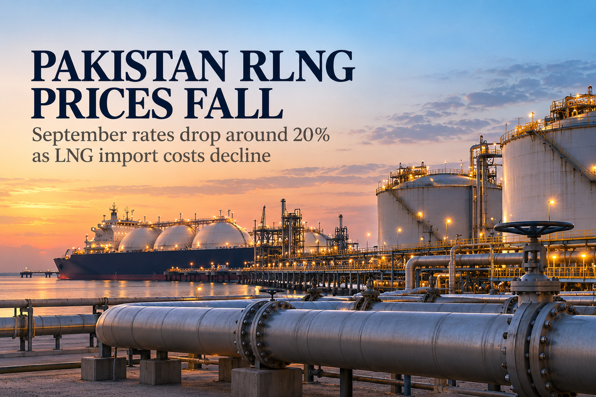 AI-generated Pakistan Report editorial illustration of LNG shipping, storage and pipeline infrastructure accompanying coverage of September RLNG prices.